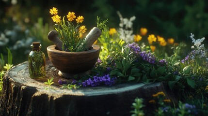 Medicinal herbs and extracts in the meadow. Selective focus.
