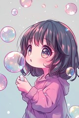 Adorable Anime Girl Blowing Bubbles: A Whimsical Illustration