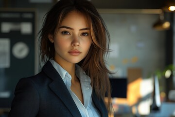 A young woman with brown hair and freckles, wearing a dark blazer and light shirt, stares directly at the camera.