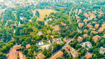 Bologna, Italy. Watercolor illustration. Margaret Gardens - Popular public park: many trees, lake, lawns, Aerial View