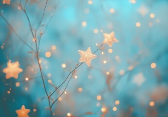 Fototapeta premium Enchanting Night Scene with Delicate Star Decorations and Dreamy Bokeh Effect in Soft Blue Backgrounds for Magical Holiday and Event Themes