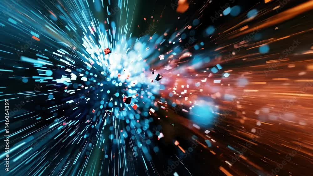 Poster abstract digital information flowing through cyberspace, featuring dynamic light trails and geometri