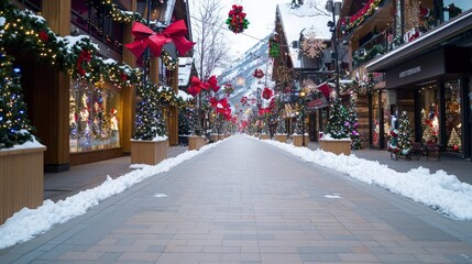 Fototapeta premium A pedestrian street in a winter alpine village decorated with festive Christmas lights and red bows.