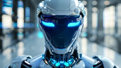 A highly advanced robot stands majestically in a modern high-tech space, showcasing its striking glowing blue eyes and sleek metallic surfaces, symbolizing innovation