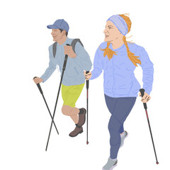 illustration of men and women hiking, climbing mountains, exploring nature