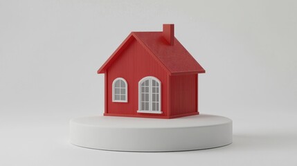 A small red house model displayed on a white pedestal, emphasizing home design.