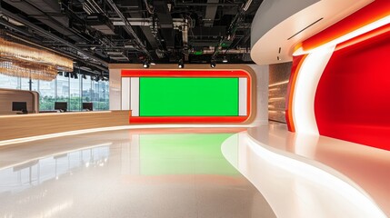 Obraz premium Low-angle view of a TV studio showcasing a glowing green screen, curved red accents, and white reflective surfaces for a bright and modern feel.