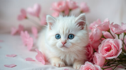 A fluffy white kitten with pink flowers