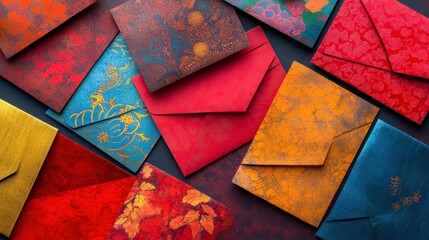 Elegant Assortment of Colorful Envelopes with Intricate Patterns and Textures Perfect for Invitations, Correspondence, or Decorative Purposes in Vibrant Colors