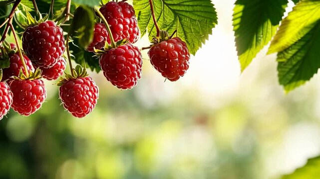 Raspberry. Big ripe raspberries cluster on a blurred green background. Red sweet berries growing on raspberry bush in fruit garden in nature. Many crimson fresh raspberries. Abundance. Summer Harvest.