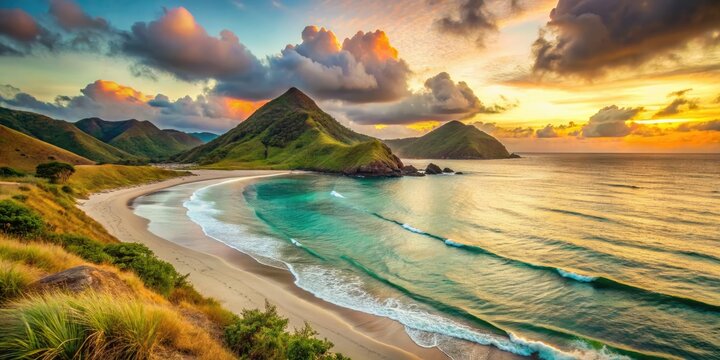 Indonesian sunset serenity. Vintage photo of Mawun Beach, Lombok Island: solitude and beauty.