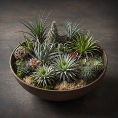 A collection of air plants arranged in a bowl.