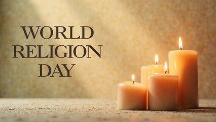 World religion day. Burning candles at a home altar. Holiday card with written text on background. Religious poster or banner. Symbol of peace, faithful and purity. Concept of prayer. Union of peace
