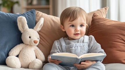 Curious Toddler Enjoys Story Time on Cozy Sofa, Surrounded by Pillows and Stuffed Toy