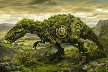 A robotic dinosaur made of gears and covered in moss stands on a hillside in a lush green valley.