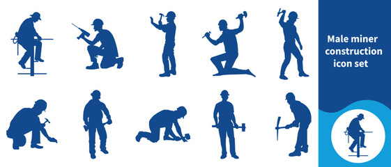Male mining construction icon set, build, person, service, safe, silhouette, elevator, job, object, religious, boss, profession, woman, queen, architect, baby, blonde, housekeeper, labor and more.