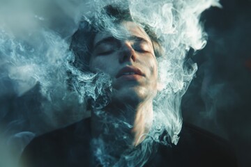 A person surrounded by smoke, possibly due to inhalation or exposure to toxic fumes
