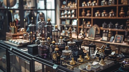 Antique glass bottles and vintage apothecary setup