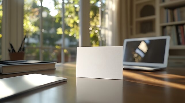 Blank card sits on a desk near a laptop