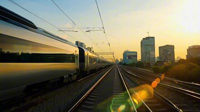 view from front window of moving train through evening city during sunset