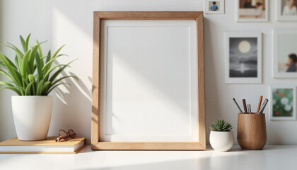 Wooden picture frame with plants on a bright desk.