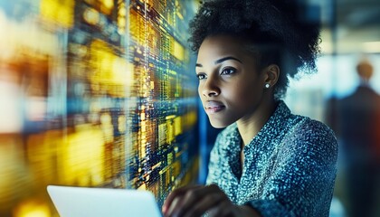 Focused Professional Analyzing Data on Tablet in Advanced Technology Server Room Environment