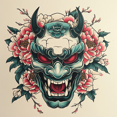 Oni Full Mask tattoo flash illustration