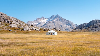 Yurt in mountainous landscape.