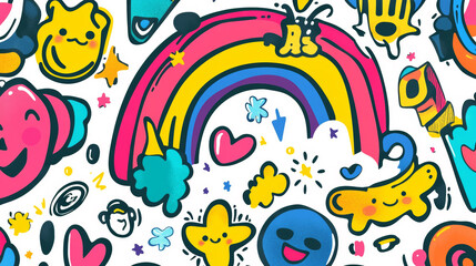 Fototapeta premium Colorful illustration featuring playful doodles including a rainbow, smiley faces, and quirky characters in vibrant hues