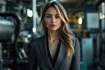 Obraz premium A sophisticated woman in a grey blazer, confidently posed in an industrial setting.