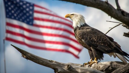 Bald Eagle Perched on Branch with Flag in Background