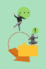 Photo vertical image collage of two happy business girls freelancer hold laptop arrow development bubble chat speech exclamation