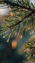 macro image of evergreen needles with tiny water droplets
