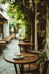 coffee on the table outside in a cafe. Selective focus.