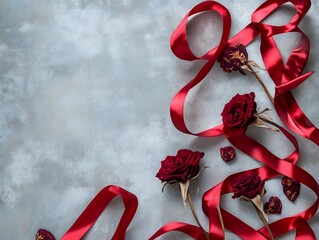 Elegant Valentine s Day Decorative Materials with Red Satin Ribbons and Dried Roses on Muted Background