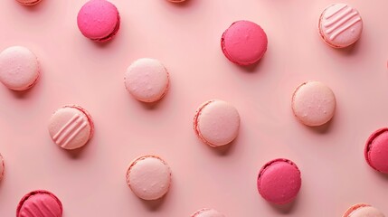 Fototapeta premium Pink macarons arranged on a soft pink background