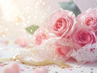 Fototapeta premium Elegant Pink Roses with Lace Ribbons and Gold Confetti Decor Arrangement