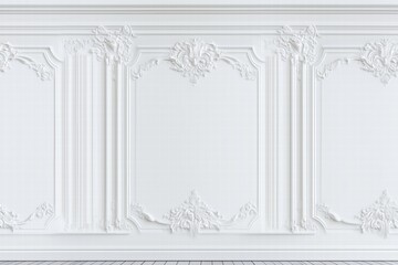 A close-up view of an elegant white wall featuring intricate plaster moldings and decorative elements. The wall has a classic design with ornate details, creating a sophisticated atmosphere.