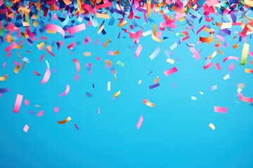 Colorful Confetti Falling From Above on a Bright Blue Background Creating a Festive and Joyful Atmosphere for Celebrations and Events