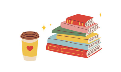 Cute colorful book collection. Set of different stacks and piles of books, open and closed books. Educational theme, scientific and fiction literature. Vector illustration isolated on white background