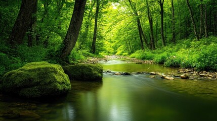 Obraz premium Serene Forest Stream: A Tranquil Escape into Nature's Embrace