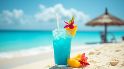  blue margarita cocktail or blue hawaiian drink, beach, generative ai