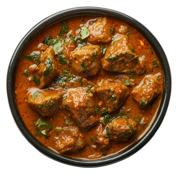 Top view of an extremely perfect looking Korma in a dark glass bowl isolated on a white transparent background