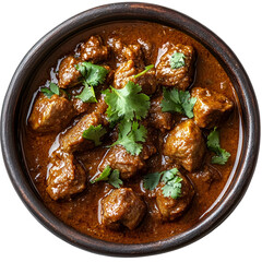 Top view of an extremely perfect looking Lamb Rogan Josh in a dark clay bowl isolated on a white transparent background