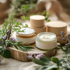 eco jars with eco cosmetics against the background of lavender and other plants. Subject photo, with space for text on the jars.