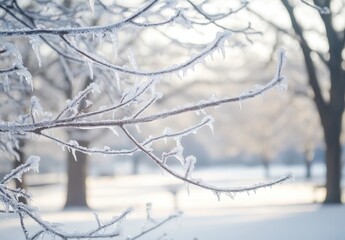Frost-Covered Branches Against a Soft Winter Background, Sparkling Ice Crystals Glinting in the Gentle Morning Light of a Serene Snowy Landscape