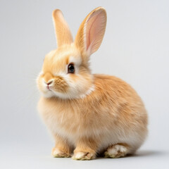 Fototapeta premium Fluffy rabbit with long ears sitting on light background, looking curious