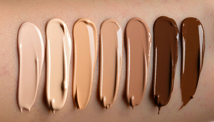 Swatches of liquid foundation makeup in different skin shades