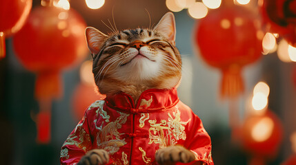 Cute funny cat in traditional red Chinese costume for Lunar New Year