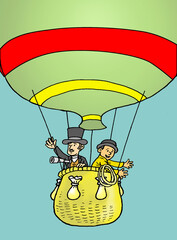 Two people riding in a hot air balloon, color illustration